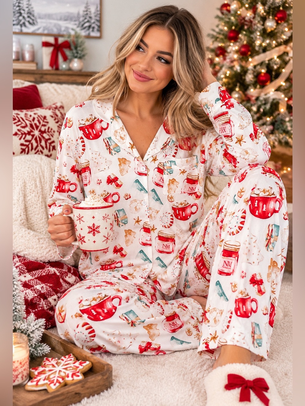 Boutique Christmas Pajama Set Women’s L Hot Cocoa Mugs Cookies 100% Viscose